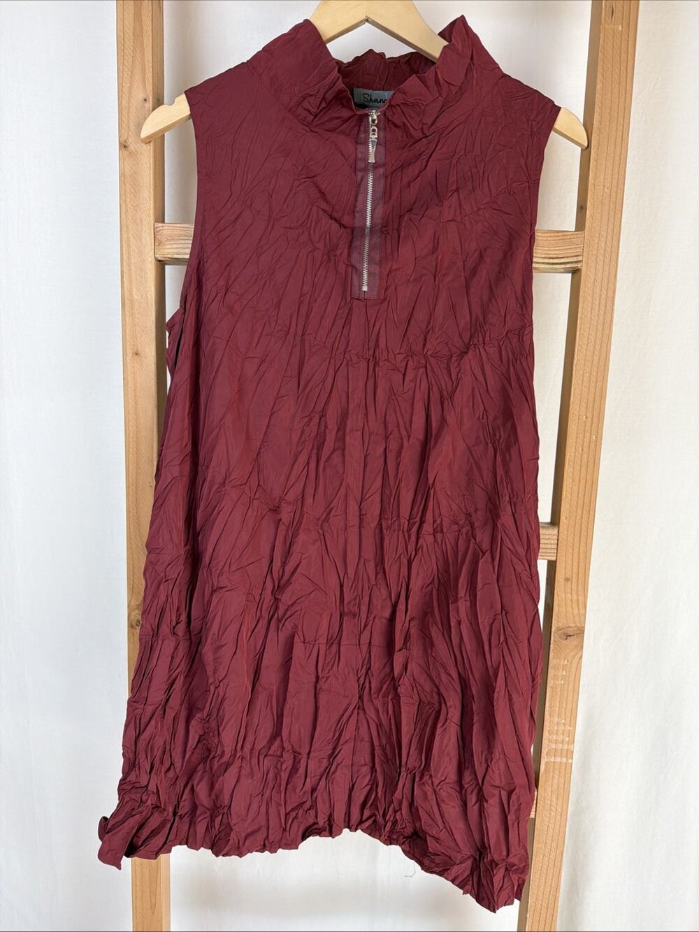 NWT Shana Maroon Exposed Zipper High Neck Sleeveless Crinkle Tunic #0925 Size XL